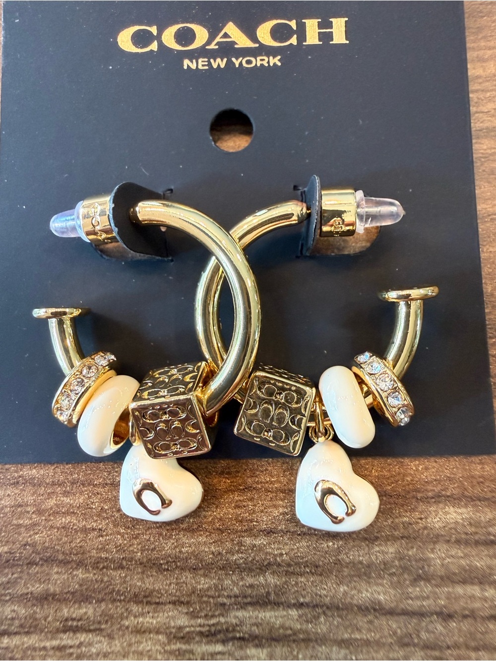 Coach Gold Hoop Earrings with Cream Heart Charms - Picture 2 of 3